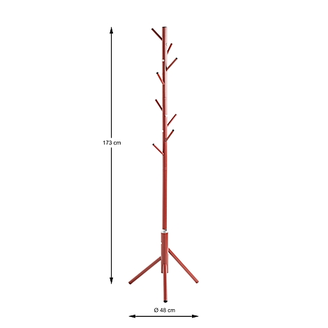 Ein roter Kleiderständer mit Ästen, Pfeilen mit Maßen: 173 cm hoch und 48 cm Durchmesser.