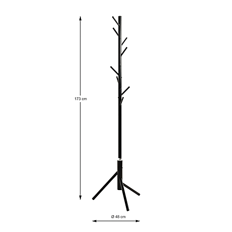 Schwarze Garderobe, 173 cm hoch und 48 cm Durchmesser. Mit Ästen zum Aufhängen von Kleidung.