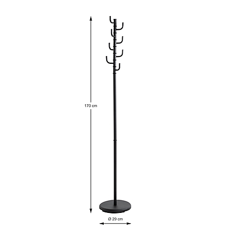 Schwarze Garderobe mit Haken. 170 cm hoch, 29 cm Durchmesser. Haken für Jacken und Mäntel.
