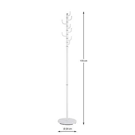 Weißer Kleiderständer mit gebogenen Haken. Maße: 170 cm hoch, Ø 29 cm.