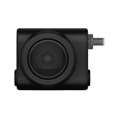 Schwarze Kamera mit Objektiv und Kabelanschluss. Der Fokus liegt auf dem Objektiv.