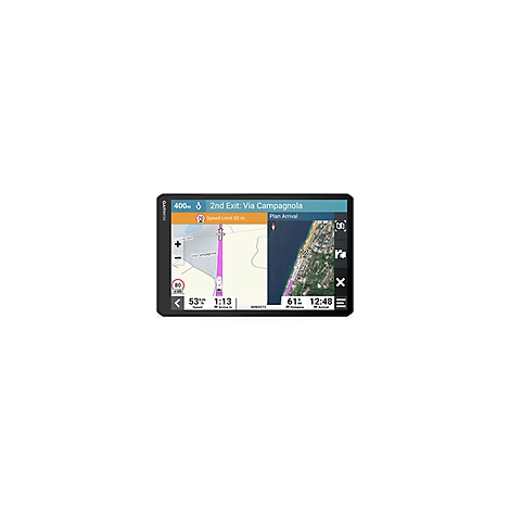 Navigationsgerät mit Wegbeschreibung: Anzeige einer Karte und Fahrtinformationen, wie Geschwindigkeit und Entfernung.