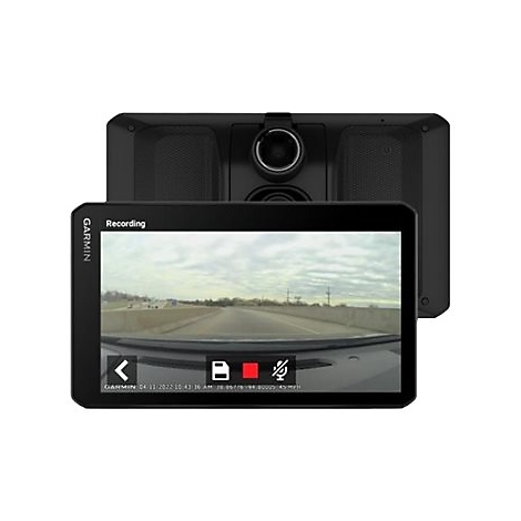 Schwarze Garmin Dashcam, zeigt die Straße an einem bewölkten Tag, mit Bedienfeldern unten auf dem Bildschirm.