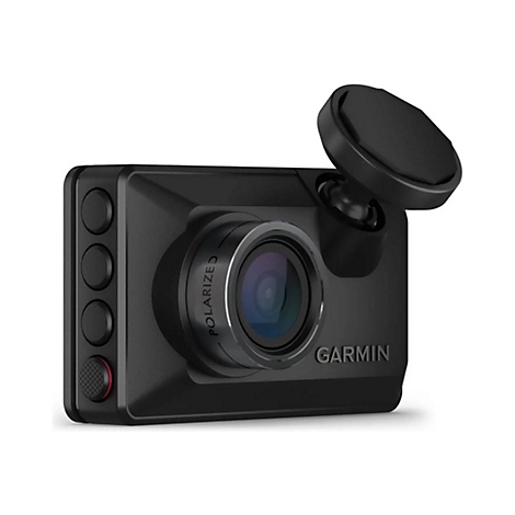 Schwarze Garmin Dashcam mit Objektiv, „Polarized“-Schriftzug und abnehmbarem Halter.