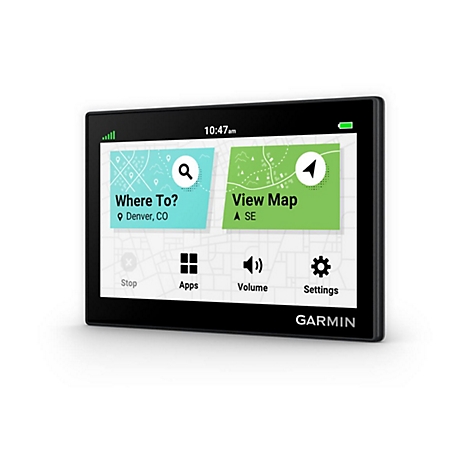 Schwarzes Garmin-Navigationsgerät mit Touchscreen. Auf dem Display ist die Uhrzeit, Kartenansicht und Menüoptionen zu sehen.