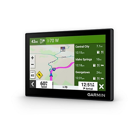Ein Garmin-Navigationsgerät zeigt eine Karte mit Routeninformationen und Fahrtzielen an.