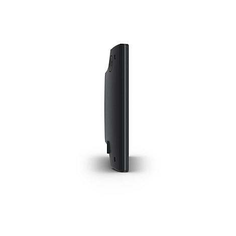 Schwarzes Gerät, Seitenansicht, auf weißem Hintergrund. Oberhalb ist eine runde Aussparung, unten ein kleiner Schlitz.