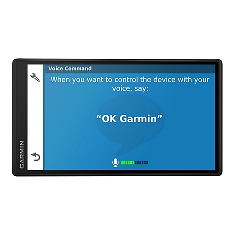 Ein rechteckiger Bildschirm zeigt die Anweisung "OK Garmin" für die Sprachsteuerung an.