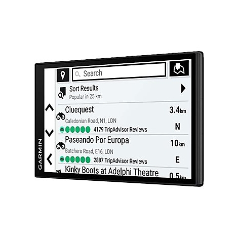 Ein Garmin-Navigationsgerät mit Suchleiste. Gezeigt werden Suchergebnisse für Restaurants und Attraktionen.