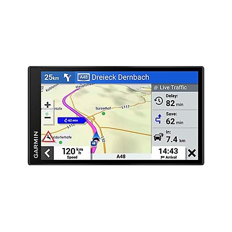 Navigationsgerät mit Straßenkarte, Routenführung und Live-Verkehrsinformationen. Anzeige von Entfernung, Geschwindigkeit und voraussichtlicher Ankunftszeit.
