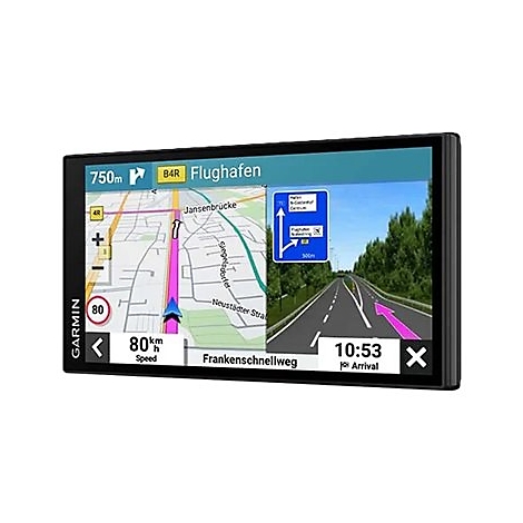 Navigationsgerät mit Straßenkarte, Pfeilnavigation und Geschwindigkeitsanzeige. Die Fahrt geht zum Flughafen.