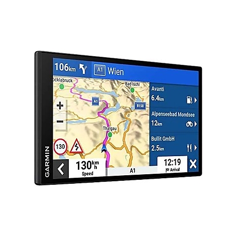 Garmin-Navigationsgerät mit einer Straßenkarte von Österreich, zeigt aktuelle Geschwindigkeit und Entfernung zum Zielort Wien.