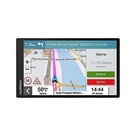 Garmin-Navigationsgerät mit aktiver Route. Karte zeigt die Route in Paris, Frankreich. Pfeil markiert die aktuelle Position.