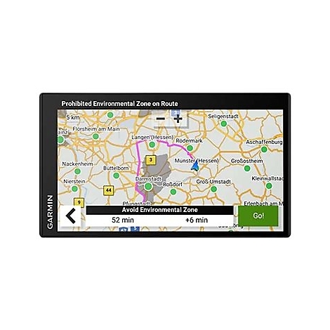Navigationsgerät mit Karte. Auf der Route wird eine Umweltzone angezeigt. Optionen: Umweltzone vermeiden, 52 Minuten, +6 Minuten.