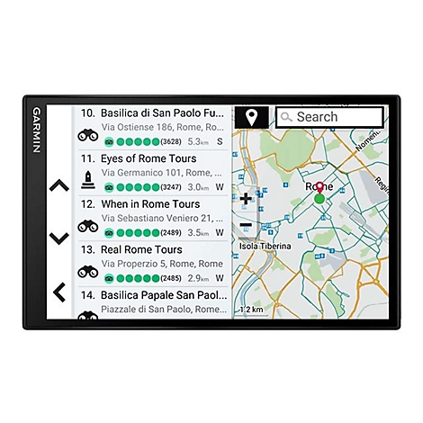 Ein Garmin Navigationsgerät zeigt eine Karte von Rom mit Sehenswürdigkeiten und Suchfunktion.