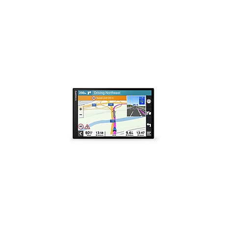 Garmin-Navigationsgerät mit detaillierter Straßenkarte, Anzeige der Fahrtrichtung, Geschwindigkeit und Entfernung.