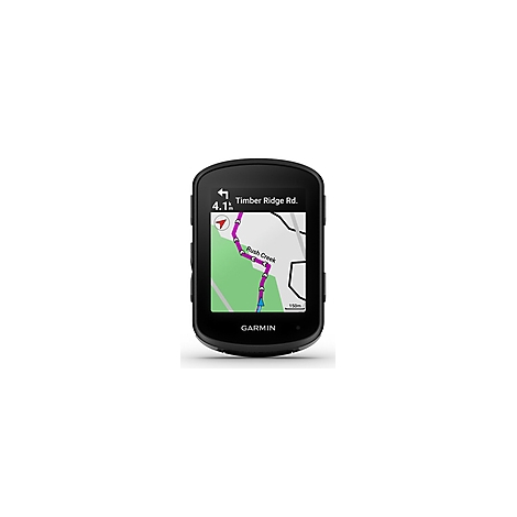 Schwarzes GPS-Radcomputer-Display mit Navigationskarte. Routenanzeige mit Distanz und Beschriftung.