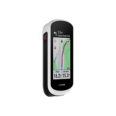 Ein weißes Garmin-GPS-Gerät zeigt eine Karte mit Wegpunkten und Geschwindigkeit von 16,2 und Distanz von 15,3 Metern an.