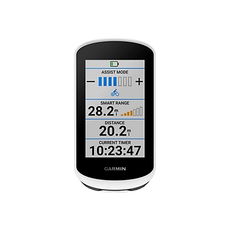 Ein Garmin-Fahrradcomputer mit Display, das Assistenzmodus, Smart Range, Distanz und Zeit anzeigt.