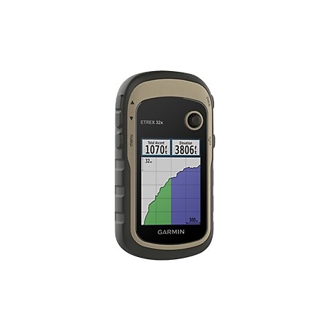 Handheld-GPS von Garmin mit Display, auf dem eine grafische Darstellung zu sehen ist, umgeben von schwarzen und braunen Rändern.