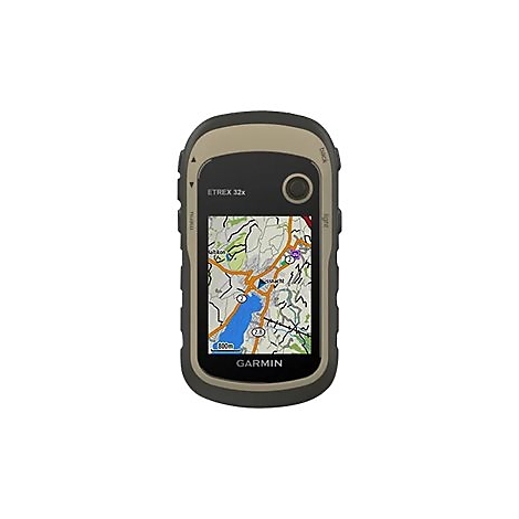 GPS-Gerät Garmin eTrex 32x. Schwarz-beiges Gehäuse, Display mit Karte. Oben: "ETREX 32x". Unten: "GARMIN".