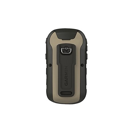 Rückseite eines Garmin-GPS-Geräts. Olivgrün, schwarze Halterung mit „Garmin“-Schriftzug. Metallclip.