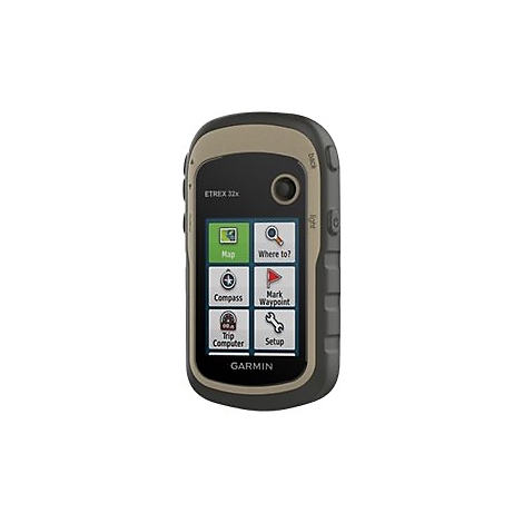 Handheld-GPS-Gerät Garmin eTrex 32x. Schwarz, braun, mit Bildschirm und Knöpfen. Auf dem Display sind verschiedene Funktionen wie Karte, Kompass und Wegpunkte abgebildet.