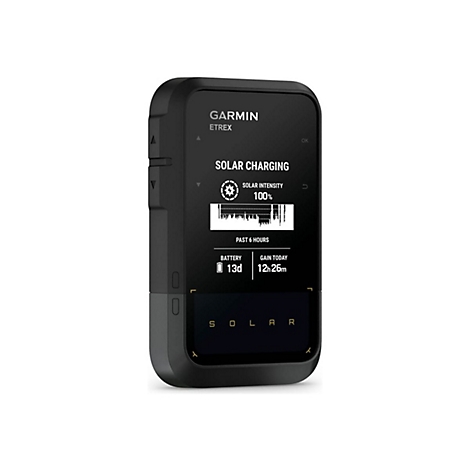 Schwarzes Garmin Etrex Solar Charging Gerät zeigt Ladezustand 100% und Akkustand von 13 Tagen.