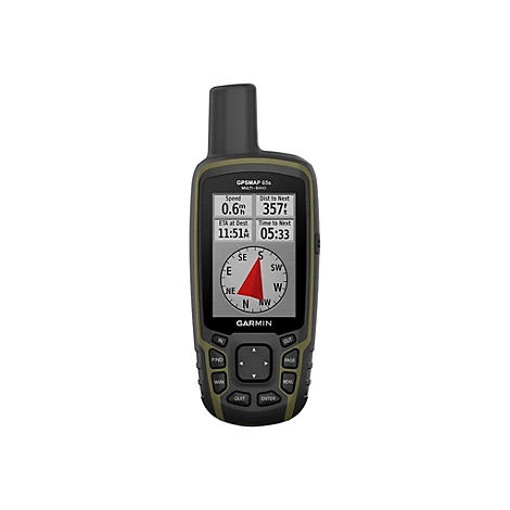 Ein Garmin GPSMAP 65s Handheld-GPS-Gerät mit Kompass, Geschwindigkeit und Distanzangaben auf dem Bildschirm.
