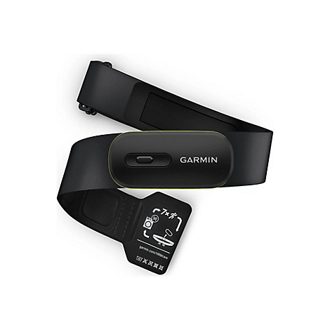 Schwarzer Garmin-Herzfrequenzsensor. Schwarzes Band mit grünem Rand, Garmin-Logo. Aufkleber mit Symbolen und Text.