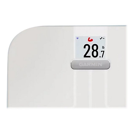 Nahaufnahme einer weißen Garmin-Waage mit Displayanzeige 28.7 lb und einem Bizeps-Symbol.