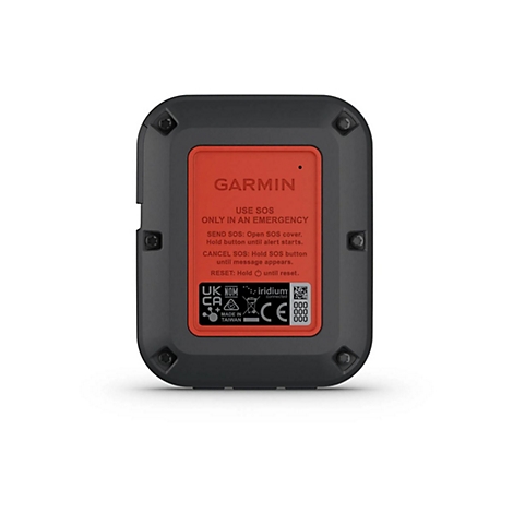 Rückseite eines schwarzen Garmin-Geräts mit rotem Infofeld zur Notfallbedienung.