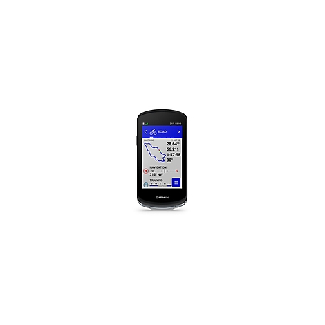 Schwarzes Garmin-Fahrrad-Navigationsgerät mit blauem Bildschirm, der Navigationsdaten und Streckenkarten anzeigt.