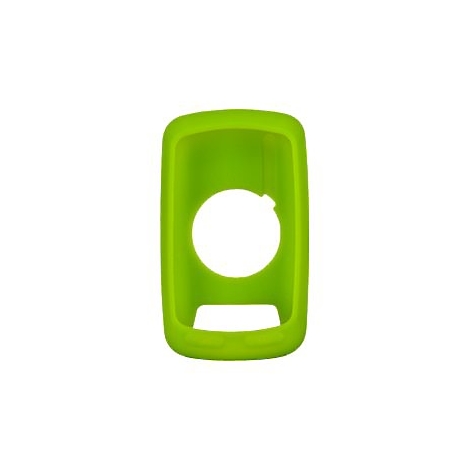 Hellgrüne Silikonhülle für ein Fahrrad-Navigationsgerät vor weißem Hintergrund.