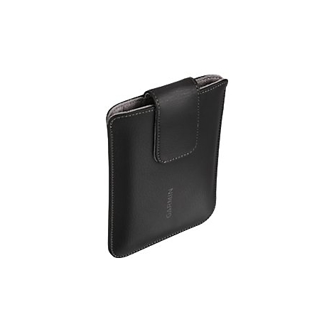 Schwarze Leder-Schutztasche mit Klettverschluss und eingeprägtem Garmin-Logo.