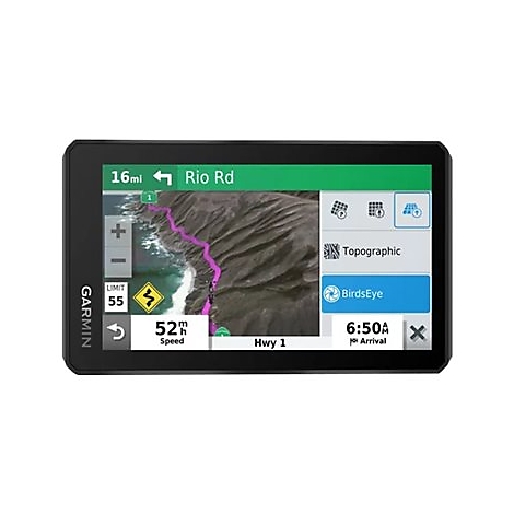 Ein Garmin-Navigationsgerät mit detaillierter Straßenkarte. Es zeigt die Entfernung, Geschwindigkeit, Ankunftszeit und Topographie an.