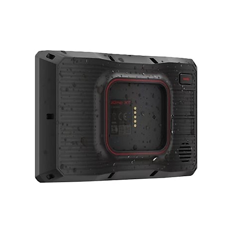 Detailaufnahme einer schwarzen elektronischen Geräts. Roter Rahmen, Spritzer, Knöpfe, Schriftzug zūmo XT.