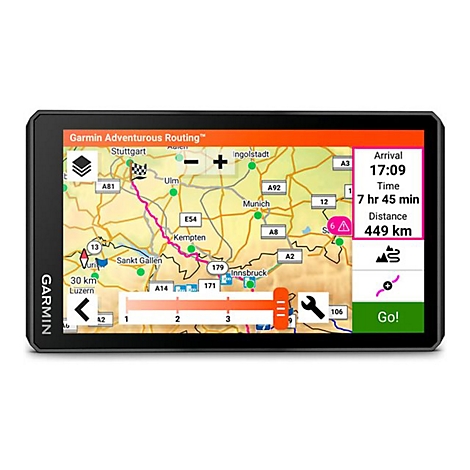Garmin-Navigationsgerät mit aktiver Route auf der Karte, Ankunftszeit und Entfernung werden angezeigt.