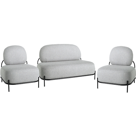 Hellgraues Sofa-Set mit zwei Sesseln und einem Zweisitzer; schwarzes Metallgestell.