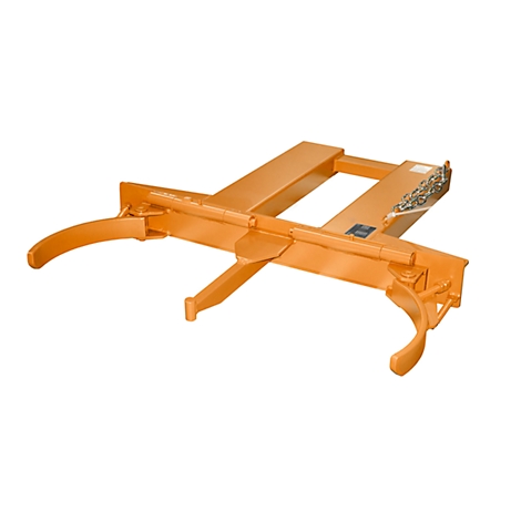 Pinza para montacargas naranja, especialmente diseñada para levantar barriles. Dos brazos curvos que se abren y cierran para agarrar el barril.
