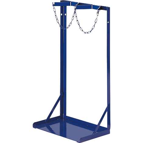 Blue gas cylinder holder with chain.