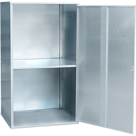 An open metal cabinet with two shelves. The door is half open.