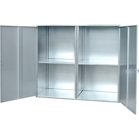 Open steel cabinet with two doors and shelves. The doors are open, the cabinet empty.