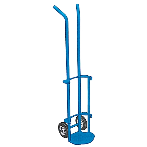 Blue hand truck frame with two wheels, bracket and handles.