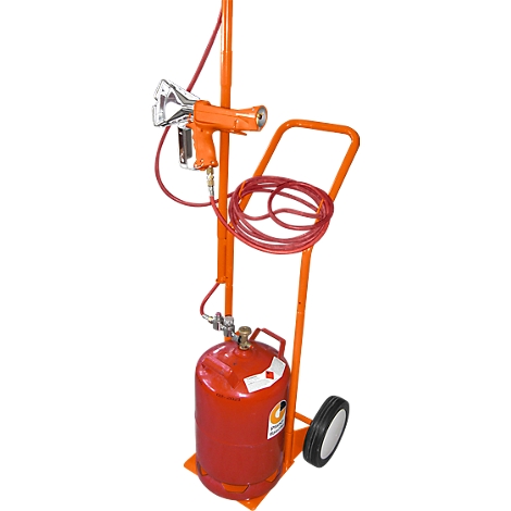 Orange painter on a trolley with red gas bottle, spray gun and hose.