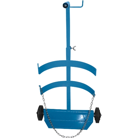 Blue barrel roller with two wheels and chain.