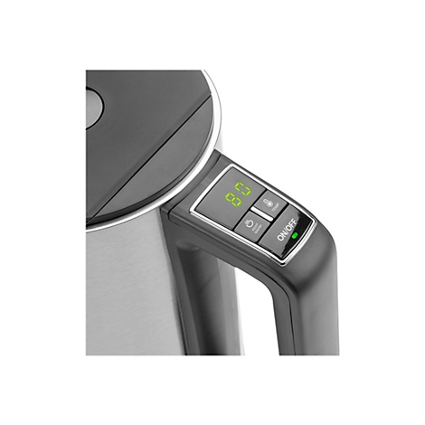 Nahaufnahme des Wasserkochergriffs mit digitalem Display, Temperaturanzeige und Tasten für An/Aus sowie Warmhalten.