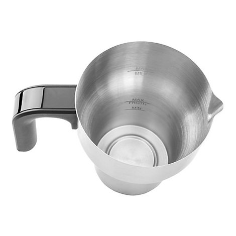Innenansicht eines Edelstahl-Milchaufschäumers mit Füllstandsanzeigen für Milch und Milchschaum.