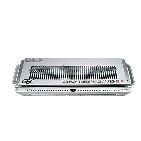 Eine silberne GBC Calendar Dieset Magnapunch Elite Maschine mit Griffen.