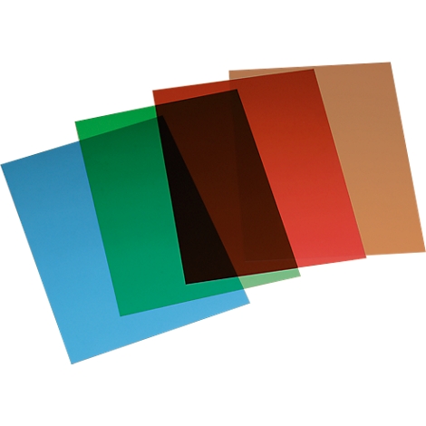 Überlappende, transparente Farbfilter in Blau, Grün, Dunkelbraun, Rot und Beige.